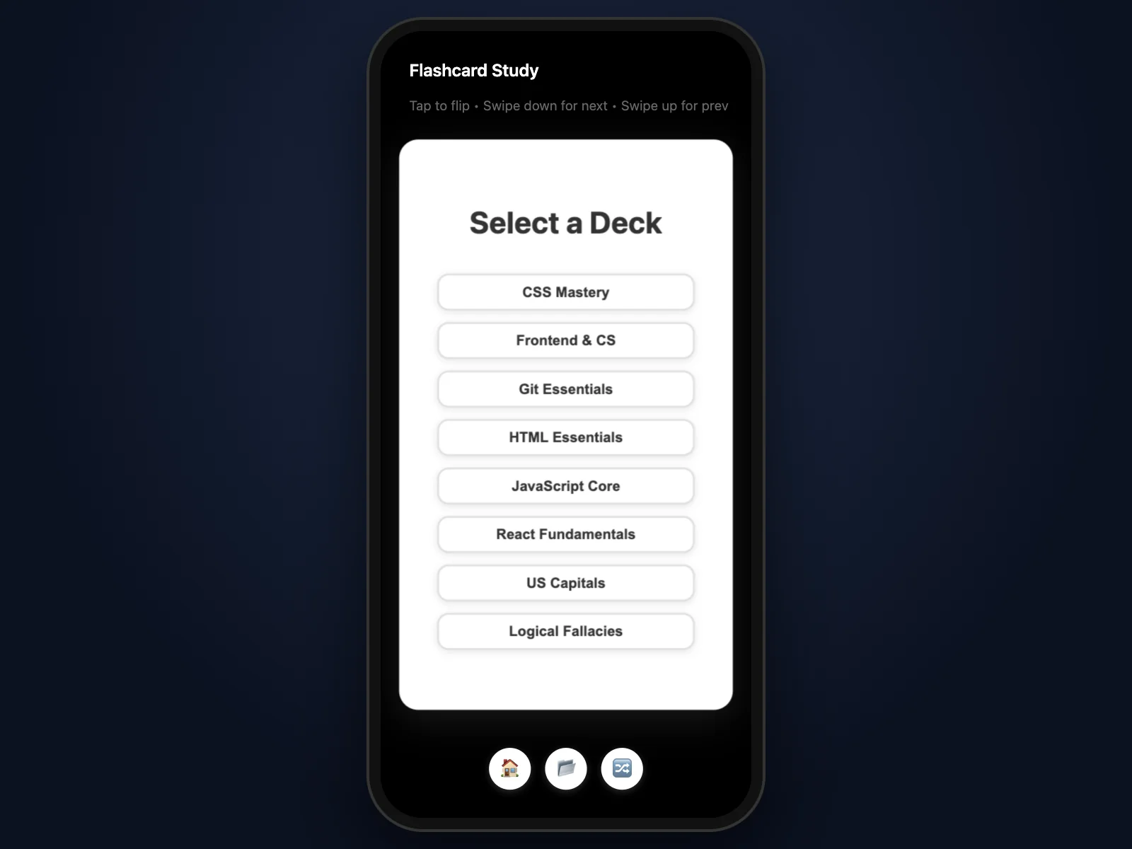 Flashcards app on a phone, showing the deck selection screen